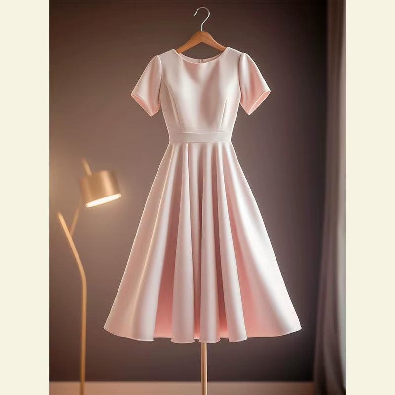 French Elegant Princess Party Midi Dress Summer New Women'S Short Sleeve High Waist Solid Color Office Lady A-Line Vestidos 048P