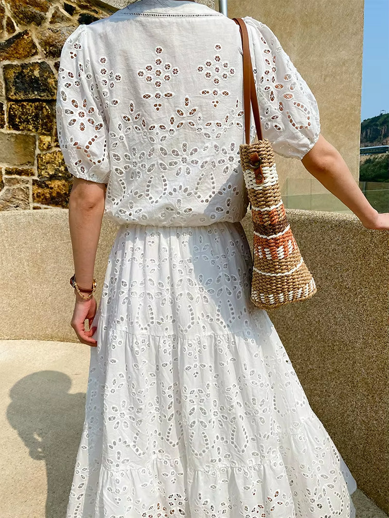 Gypsylady French Chic Embroidery Maxi Skirt White Boho Casual Summer Women Long Sheer Hollow Out Ruffles Ladies Skirts Falda