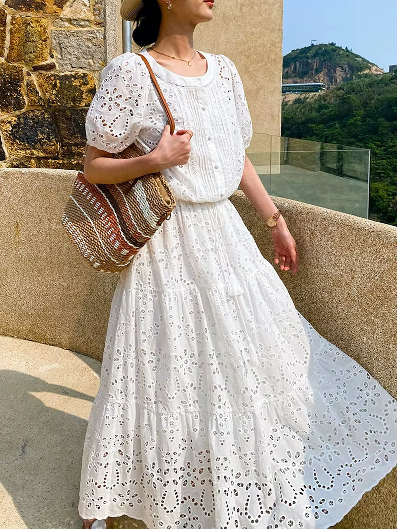 Gypsylady French Chic Embroidery Maxi Skirt White Boho Casual Summer Women Long Sheer Hollow Out Ruffles Ladies Skirts Falda