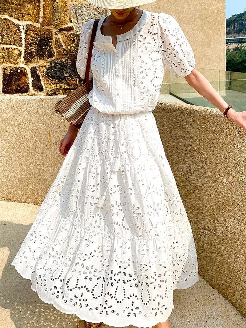 Gypsylady French Chic Embroidery Maxi Skirt White Boho Casual Summer Women Long Sheer Hollow Out Ruffles Ladies Skirts Falda