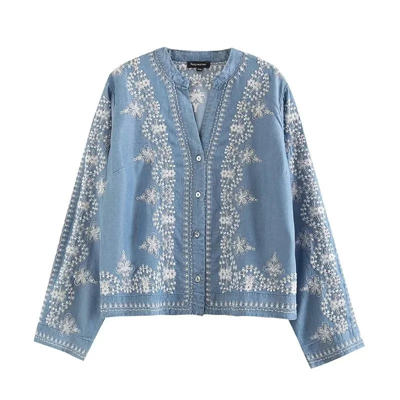 Embroidered Bloom Denim Shirt