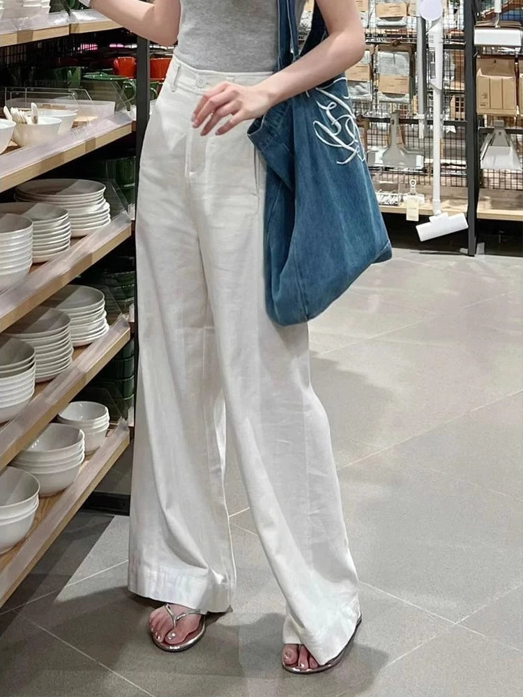 Early Spring White Linen Wide-Leg Pants