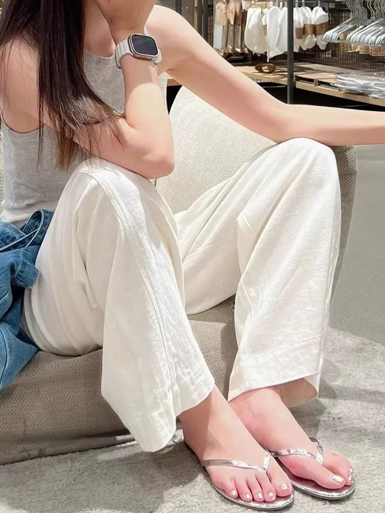 Early Spring White Linen Wide-Leg Pants