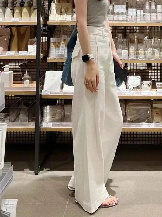 Early Spring White Linen Wide-Leg Pants