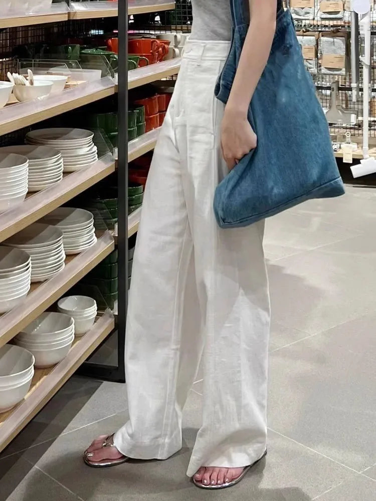 Early Spring White Linen Wide-Leg Pants