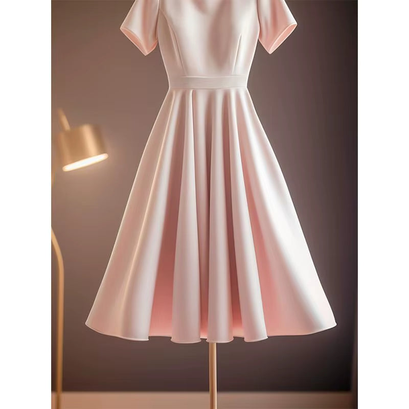 French Elegant Princess Party Midi Dress Summer New Women'S Short Sleeve High Waist Solid Color Office Lady A-Line Vestidos 048P