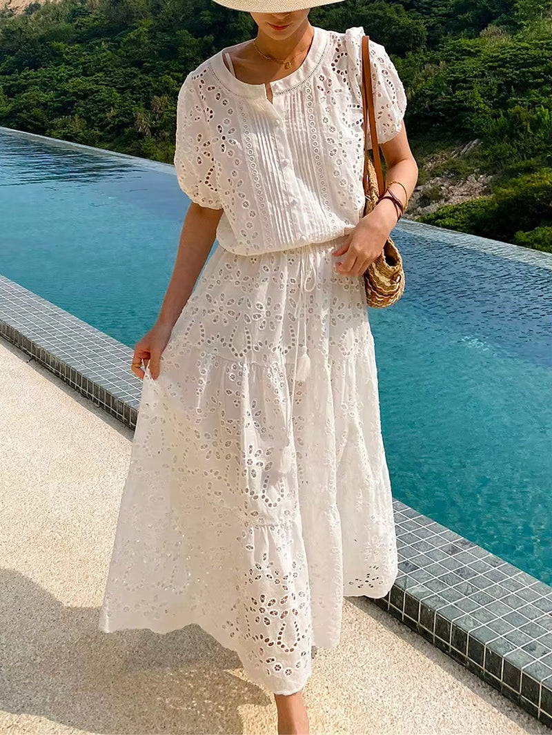 Gypsylady French Chic Embroidery Maxi Skirt White Boho Casual Summer Women Long Sheer Hollow Out Ruffles Ladies Skirts Falda