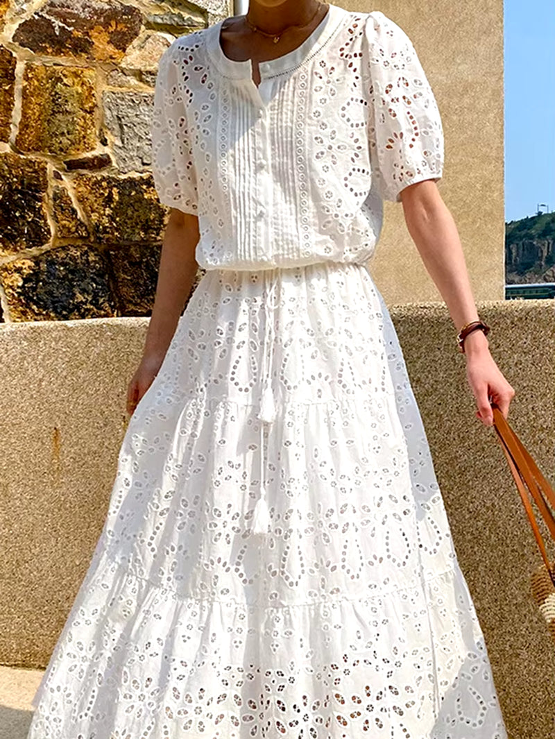 Gypsylady French Chic Embroidery Maxi Skirt White Boho Casual Summer Women Long Sheer Hollow Out Ruffles Ladies Skirts Falda